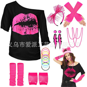 Ensemble de costumes rétro des années 1980, T-shirt imprimé lèvres, accessoires roses, vêtements de fête pour femmes - Product Image 1
