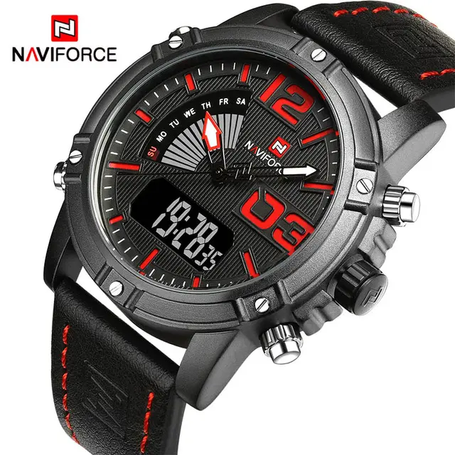 NAVIFORCE 9095 Brand Dual Display Electronic Quartz Watch Sport Men Wrist Leather Digital Wristwatches 30M Waterproof Man Clock