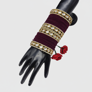 <b>Gold</b> Plated Kundan Stone and Pearls Velvet <b>Bangles</b> <b>Set</b> Elegant Pearl Bracelets - Product Image 2