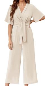 Nouvelle arrivée estivale Combinaison femme unie à col en V, taille nouée, manches courtes, simple et tendance - Product Image 6