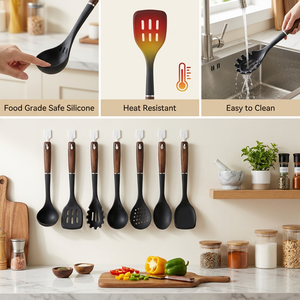 Cookware Gadget Set Wood Grain Handle <b>Silicone</b> Kitchen Utensils Cooking Utensils with Rotating Stand - Product Image 4