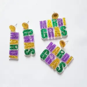 2023 Bohemian Mama LetterCreative Acrylic Colorful Mardi Gras Letter Dangle Earrings For Women Shiny Acrylic Mardi Gras Earrings