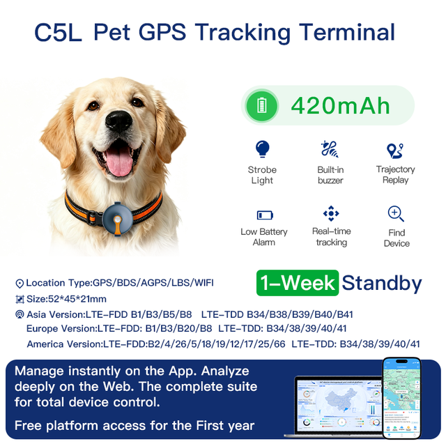 ZOOBII C5L 4G Pet GPS Tracker Strobe Light Built-in Buzzer Mini GPS Tracking Device 420mAh Waterproof Dog Cat Collar