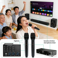 Système de microphone sans fil karaoké avec récepteur mixeur métallique double canal et effets d'écho et de réverbération pour usage domestique