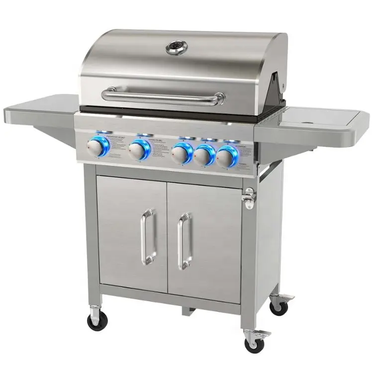 Gas grill 4-Flammen-Edelstahl-Gasgrill mit seitlicher, brenner geschützter Abdeckung und Flaschen öffner Garden Barbecue Grill