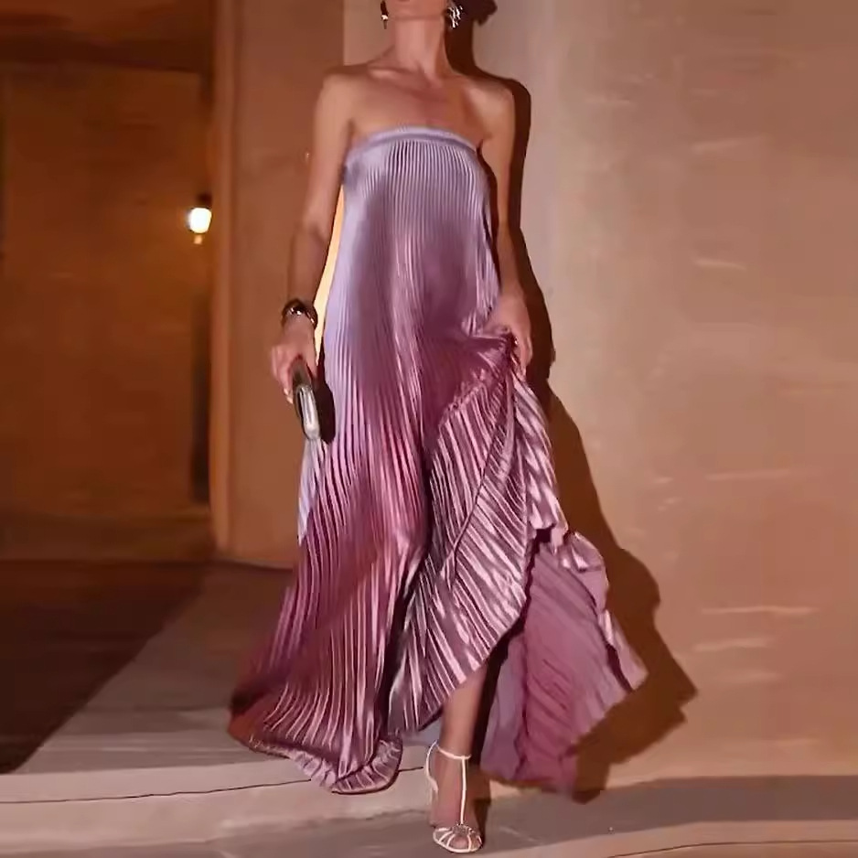 strapless open back dress Sofie Two Tone Pleated Maxi Dress