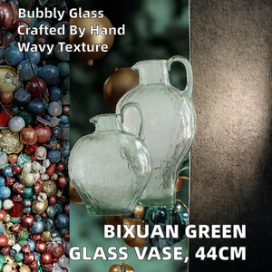 Vase en verre vert Art Déco fait main Bixuan 44 cm, soufflé à la bouche, texture martelée ondulée, bulles naturelles, écologique, décoration de table et de sol - Product Image 2