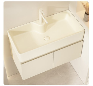 Cream wind multi-layer thick solid wood rock board integrated basin intelligent lighting <b>mirror</b> <b>small</b>-sized bathroom cabinet - Product Image 3