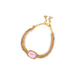 Fashion Chain <b>Bracelet</b> 316L Stainless Steel PVD Gold Plating With <b>Crystal</b> Rhinestones And Pink Stone Inlay For Women - Product Image 2
