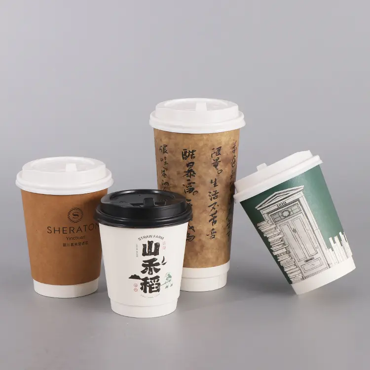 Özelleştirilebilir çok şartname çift duvar sıcak içecek kağıt bardaklar tek kullanımlık kahve kağıt bardaklar kapaklı kupa