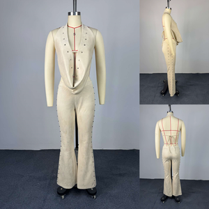 Set Estivo <span class=keywords><strong>Trendy</strong></span> da <span class=keywords><strong>Donna</strong></span>, Top Senza Maniche con Scollo a V Profondo e Pantaloni, Completo Due Pezzi - Product Image 4