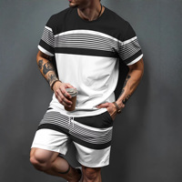 Setelan Kaos dan Celana Pendek Pria Ukuran Besar 3D Desain Khusus Musim Panas, Pakaian Olahraga Bergaya Bergaris Warna-warni 100%