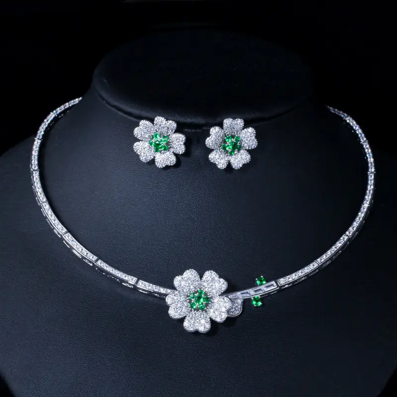 Elegant Micro Pave Green CZ Zirconia Stone Flower Choker Necklace Earring Fashion Brand Wedding Bridal Jewelry Sets for Women