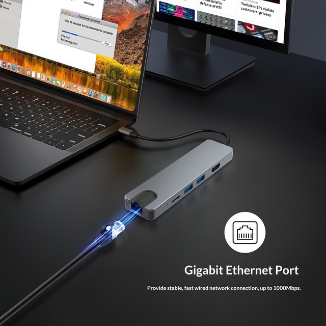 Subosen Aluminum Alloy Shell Hub Custom 6-in-1 USB-C Docking Station 4K 60Hz for 2.0 Gigabit Ethernet PD Charging TF Card Stock