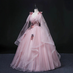Dusty Rose Pink Long Tulle Dress With 3D Floral Embellishments Stage Performance Women's Elegant Gown - Product Image 4