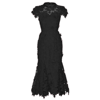 Robe longue en dentelle solide ajustée et évasée pour femme, tenue de cérémonie à manches courtes pour femme, de style élégant vintage