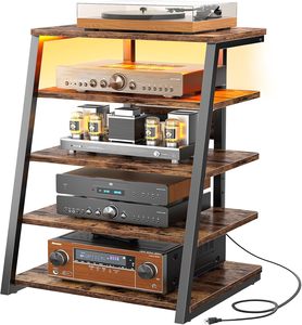 Meuble TV 5 niveaux en bois pour salon avec multiprises, éclairage LED, étagères réglables, support audio robuste et présentoir stéréo - Product Image 1