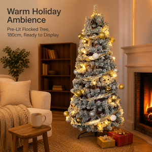 Sapin <span class=keywords><strong>de</strong></span> <span class=keywords><strong>Noël</strong></span> floqué pré-éclairé 180 cm (6 pieds) en PVC, <span class=keywords><strong>arbre</strong></span> <span class=keywords><strong>de</strong></span> <span class=keywords><strong>Noël</strong></span> artificiel décoré <span class=keywords><strong>avec</strong></span> 100 lumières LED pour salon, hall d'hôtel, festival - Product Image 1