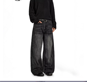 Jean en denim de coton bleu foncé délavé coupe bootcut style américain taille mi-haute unisexe vintage pour toutes les saisons - Product Image 4