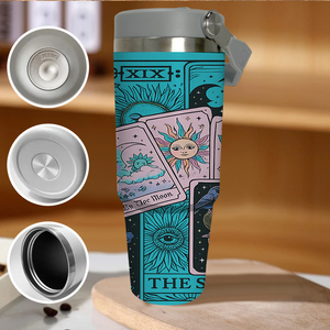 Gobelet isotherme 30oz avec poignée, motif Cartes de Tarot Mystiques, squelette et sorcière, rose turquoise, Mug de voyage, Stock USA, Cadeau gothique pour les amateurs de Tarot - Product Image 3