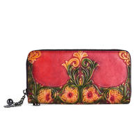 Dompet Wanita Andong Kulit Sapi Asli Vintage Embossed Long Clutch Purse Tas Ponsel Kulit Sapi Asli
