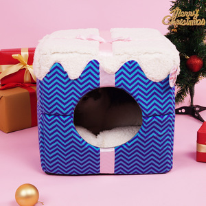 Caja de Regalo Navideña, Cama para Gatos, Techo de Lana Azul con Diseño Chevron, Cálida, Semi Cerrada, Casa para Gatos Pequeños - Product Image 4