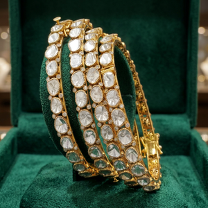 Traditional Indian 18K <b>Gold</b> Plated Polki <b>Bangle</b> Bracelet <b>Set</b> Oval Cut Stones Bezel Setting Jewellery For Women- 4 pieces - Product Image 2