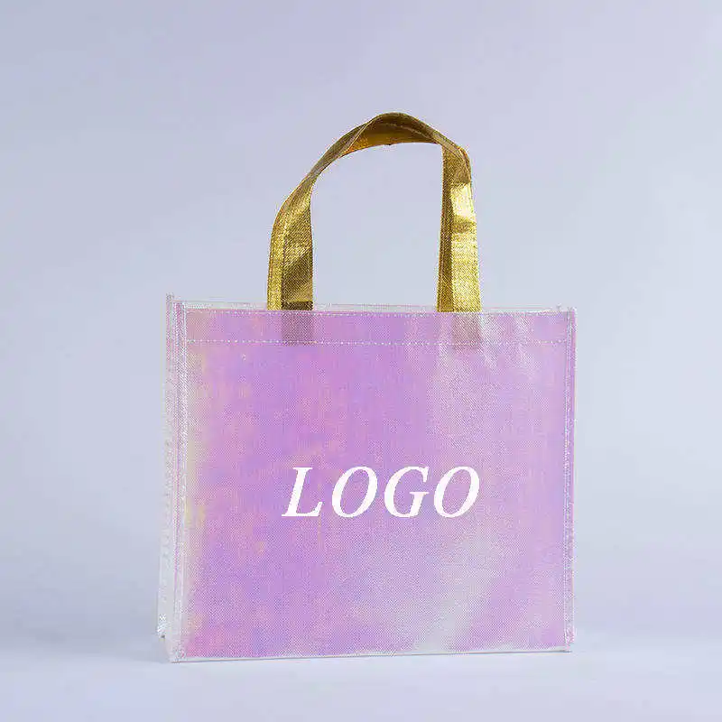 Custom New Fashion Dazzling Holographic Shopping bag Folha de alumínio não tecido ECO Tote Bag Gift Craft saco para embalagem
