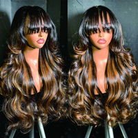Bang Wig Frontal Balayage Lace Frontal Wig dengan poni Wig rambut gelombang longgar alami dengan Wig rambut manusia Invisi