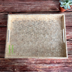 Luxury <b>Rectangle</b> Gold Serving Tray Beautiful Mother of Pearl Tray Customized Mother of Pearl Inlaid Tray From Factory HNH Craft - Product Image 1