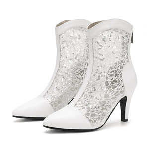 Patchwork Lace Sequin Ankle <b>Booties</b> Rear Zip Closure Pointed Toe Slim Stiletto High Heel Four Season Evening Party Women Short - Product Image 2