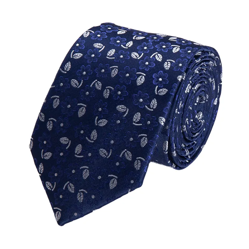Luxury Custom Flower Design White Navy Blue Woven Silk Ties Fashion Necktie Mens