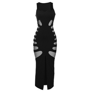 2023 nuovi arrivi senza maniche collo quadrato aderente Slim lungo Maxi vestito Sexy scava fuori vedere attraverso il vestito a fessura per le donne - Product Image 6