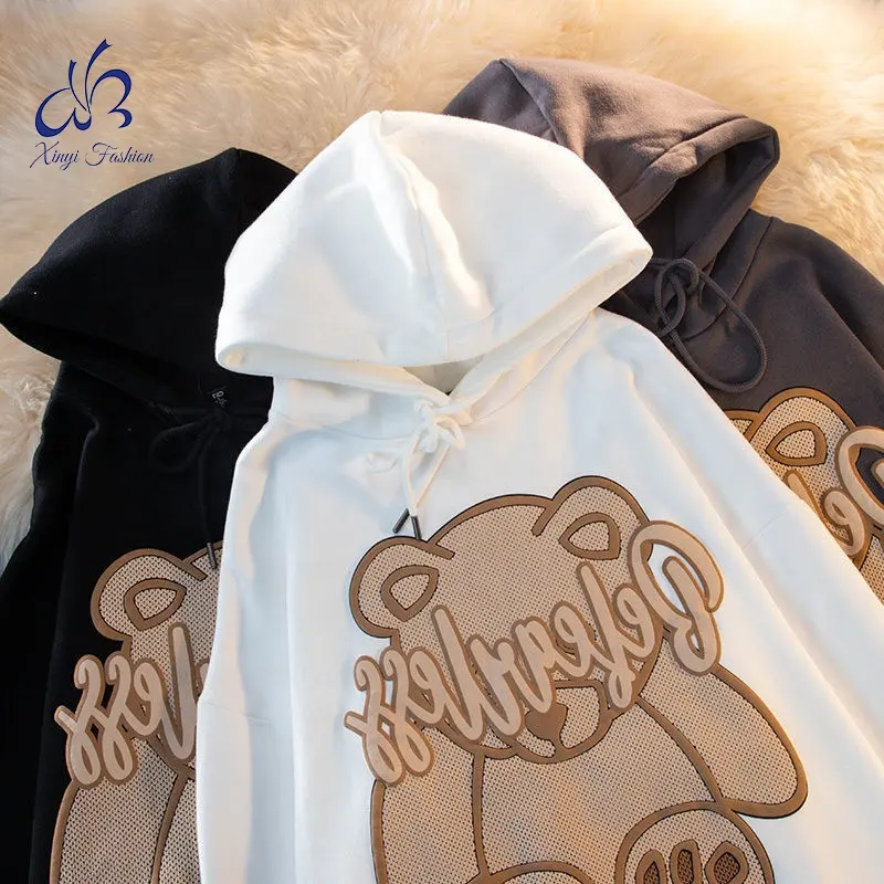 American retro creative bear print hoodie men and women oversized thin loose all match lovers brown puff print hoodie