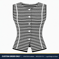 OEM ODM Personnalisé Coréen Été Femme Noir Blanc Rayé Sans Manches Gilet Tricoté Coupe Ajustée Boutonné