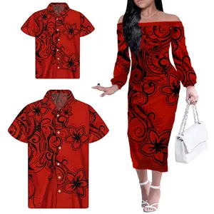Red Polynesian Family Set 3pcs Set Unique Gifts For Family Mom Daddy Kids Polyester Off Shoulder Long Dress Little Boy Shirt Set