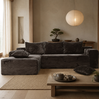 Canapé modulaire de luxe compressé en velours côtelé noir en forme de L avec chaise longue pour salon