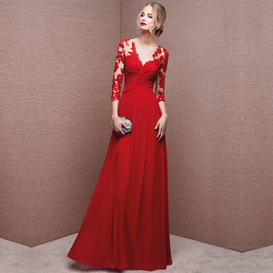 S0598N Nuovo Abito da Cerimonia in Raso alla Moda per Donne, <span class=keywords><strong>Vestito</strong></span> Lungo <span class=keywords><strong>Rosso</strong></span> a <span class=keywords><strong>Maniche</strong></span> <span class=keywords><strong>Lunghe</strong></span> per Banchetti e Feste - Product Image 2