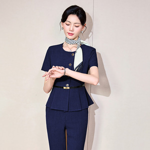 Women's Grey Suit Set Short Sleeve Formal <b>Work</b> Uniform With <b>Belt</b> And Scarf For Office Commuting - Product Image 3