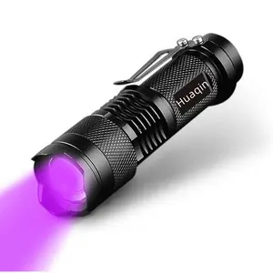 Huaqin lanterna portátil para detecção de urina, luz ultra violeta de fábrica nintendo luz de inspeção de bicho de estimação zoom mini 395nm, lanterna uv