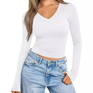 Top de moda de <span class=keywords><strong>manga</strong></span> <span class=keywords><strong>larga</strong></span> para <span class=keywords><strong>mujer</strong></span>, cuello en V, estilo básico, ajustado, recortado, liso, Color caramelo, primavera y verano, <span class=keywords><strong>camiseta</strong></span> para <span class=keywords><strong>mujer</strong></span> - Product Image 5