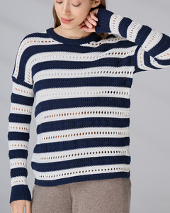 เสื้อถักไหมพรมผู้หญิงลายทาง แขนยาว ผ้าฝ้ายออร์แกนิค 100%  แบบโปร่งลายตาข่าย  พร้อมปักโลโก้ตามสั่ง - Product Image 5