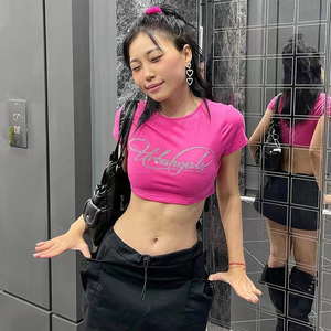 Teng Cai 2024 été filles imprimer taille haute à manches courtes haut européen et américain mince polyvalent recadrée nombril Y2K T-<span class=keywords><strong>Shirt</strong></span> - Product Image 1