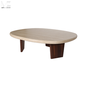 <span class=keywords><strong>Tavolino</strong></span> Laterale su Misura, Arredamento per <span class=keywords><strong>Soggiorno</strong></span>, Stile Mid-Century Moderno, in Legno Massello Color Noce, Fibra di Vetro e Travertino - Product Image 4