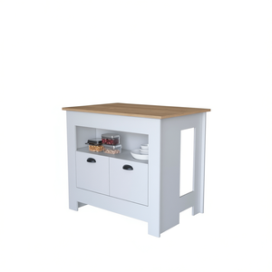 Carrello da cucina bianco a 2 ante con ripiano aperto e piano in legno, design moderno - Product Image 1