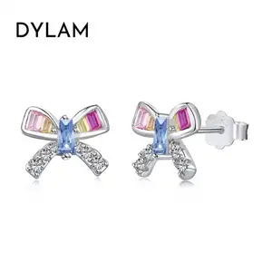 Dylam Ins Trendy Elegant Candy Colored Pink Cz Cubic Zircon Butterfly Earrings Handmade S925 Silver Bow Stud Earring For Women