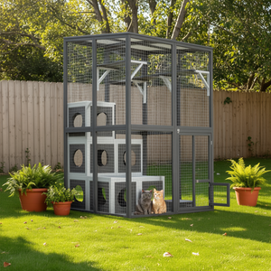 Parque de juegos para gatos de madera maciza para exteriores con 2 plataformas de salto y 7 casas de descanso, refugio tipo condominio para gatos de acceso libre, color gris - Product Image 2