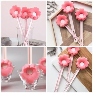 Plastic Pink Flower Design Cleaning Brush with Sponge Head for <b>Thermos</b> Cup and <b>Bottle</b> Portable Daily Use - Product Image 2
