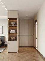 Dressing moderne crème minimaliste en L avec zones ouvertes et tiroirs, solution de garde-robe de luxe pour chambre parentale
