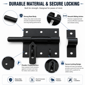 Loquet coulissant de porte en acier noir thermolaqué antirouille avec plaque de fixation pour portail de garage OEM - Product Image 5